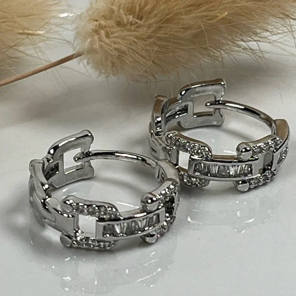 White Gold Plated Clear CZ Huggie Hoop Earrings - Picture 1 of 8